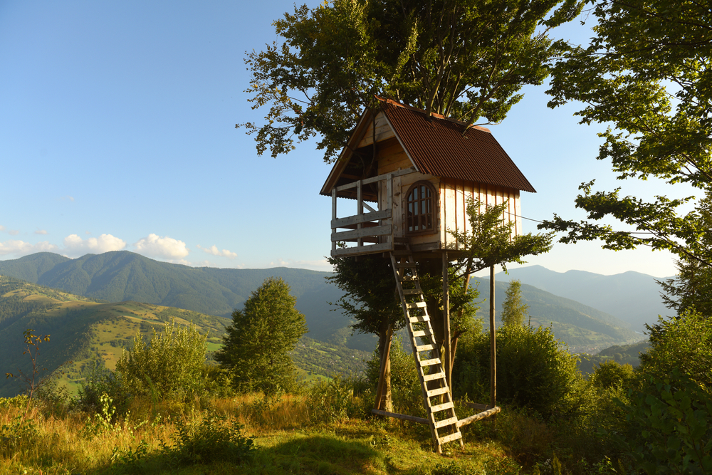 Treehouse v korunách stromů s výhledem