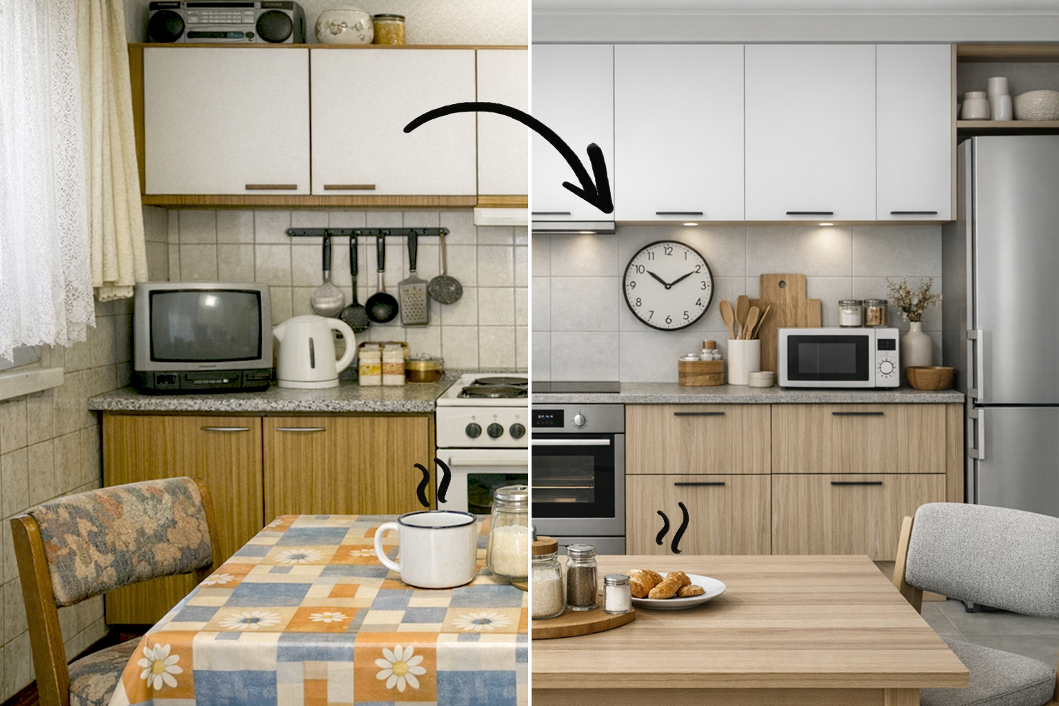 rekonstrukce kuchyně před a po